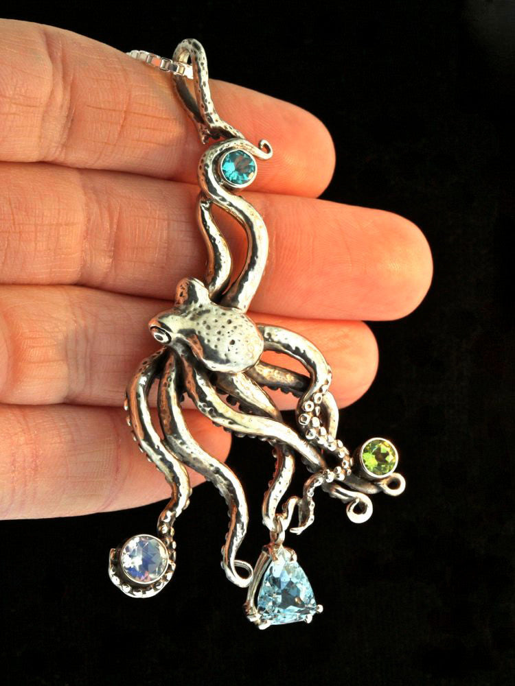 Large Octopus Pendant with Gemstones 2 - Sterling Silver