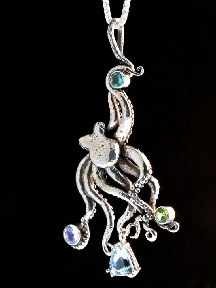 Large Octopus Pendant with Gemstones 2 - Sterling Silver