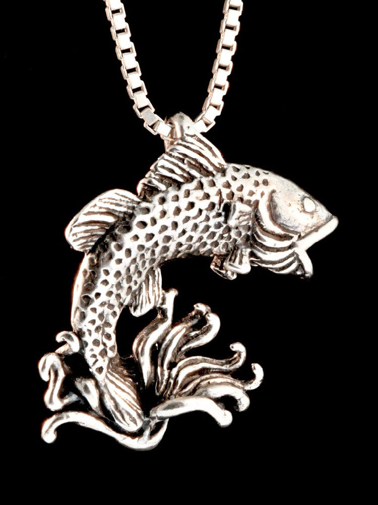 Jumping Bass Fish Pendant in Silver