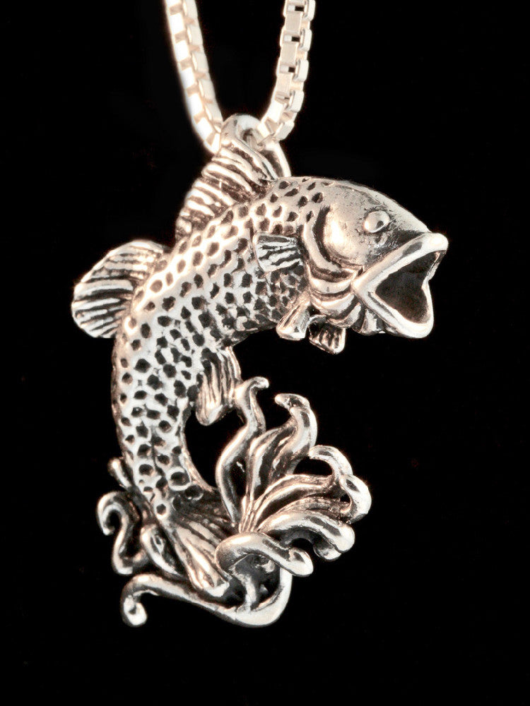 Jumping Bass Fish Pendant in Silver