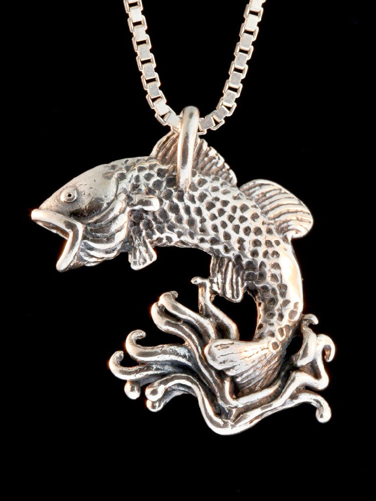 Jumping Bass Fish Pendant in Silver
