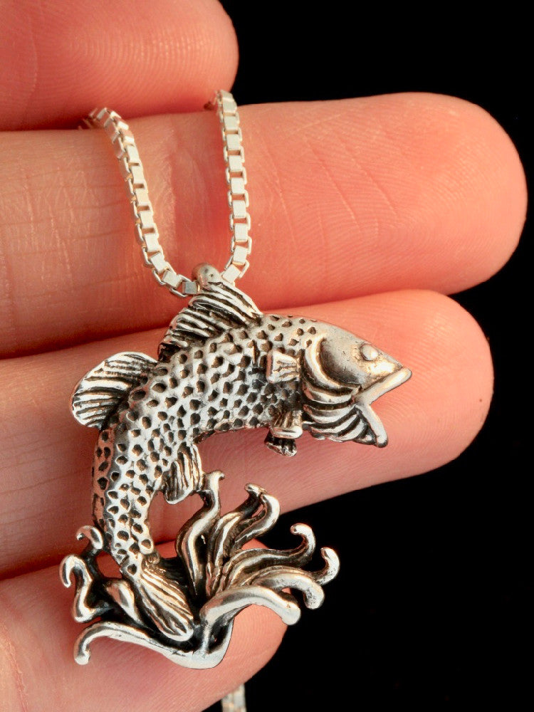 Jumping Bass Fish Pendant in Silver