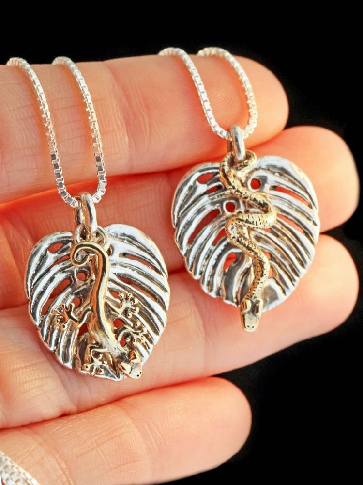 Silver Monstera Leaves with 14K gold Jungle Jewel Snake and Gecko.
