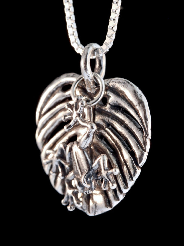 Monstera Leaf with Jungle Jewel Frog Charm in Silver