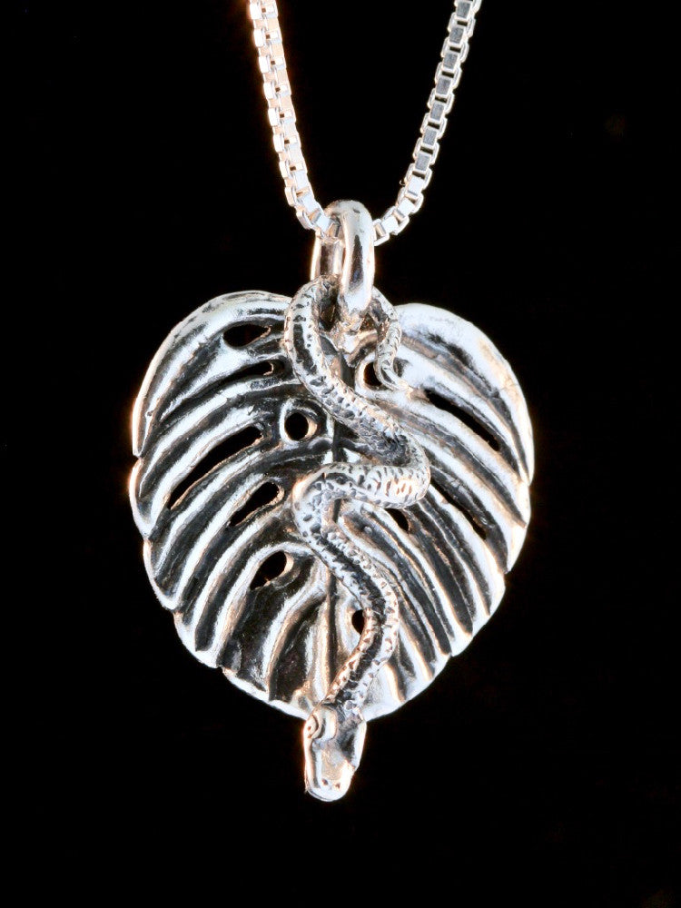 Monstera Leaf with Jungle Jewel Vine Snake Charm in Silver