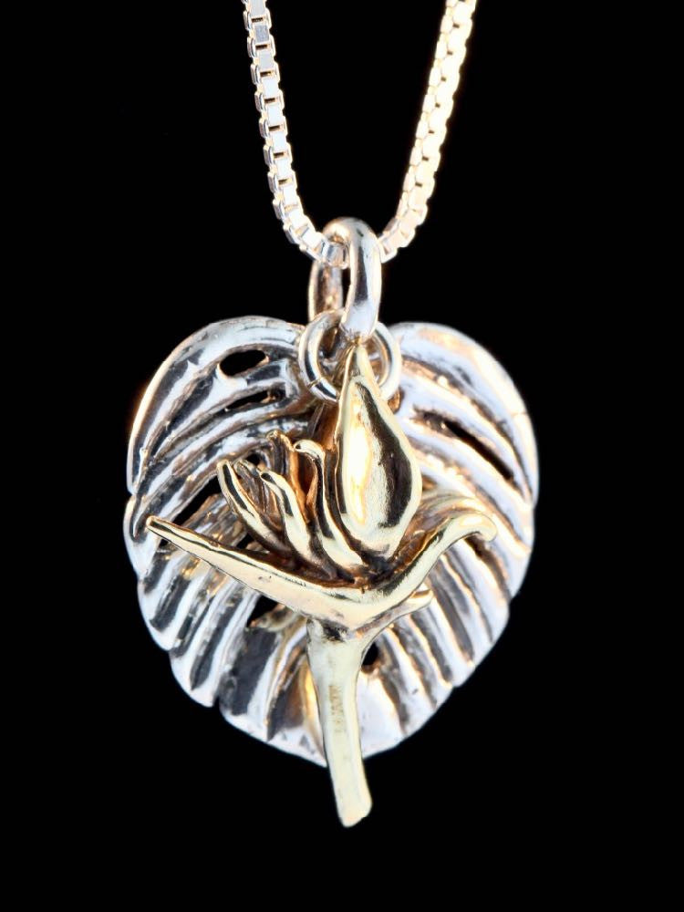 Silver Monstera Leaf with 14K gold Jungle Jewel Bird of Paradise.