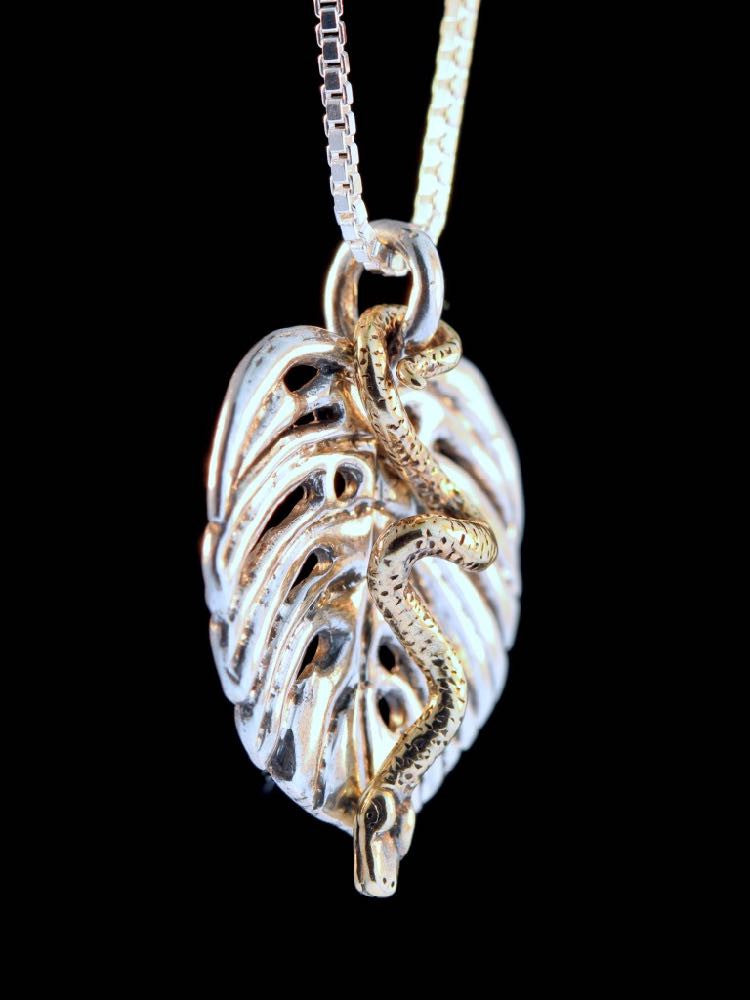 Silver Monstera Leaf with 14K gold Jungle Jewel Vine Snake.
