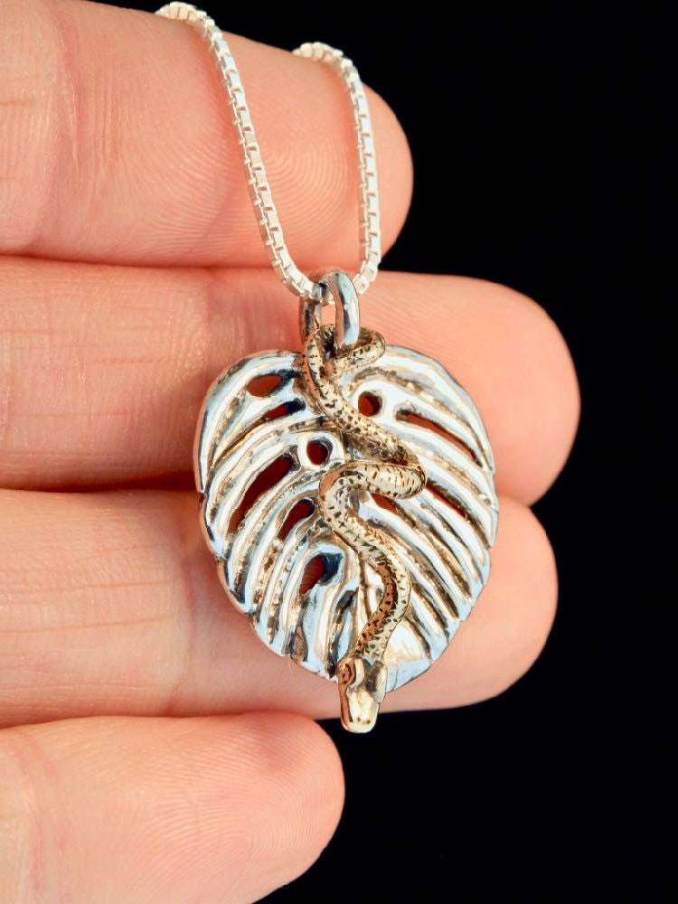 Silver Monstera Leaf with 14K gold Jungle Jewel Vine Snake