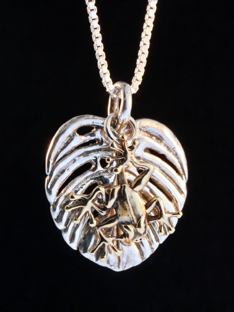 Silver Monstera Leaf with 14K gold Jungle Jewel Tree Frog.