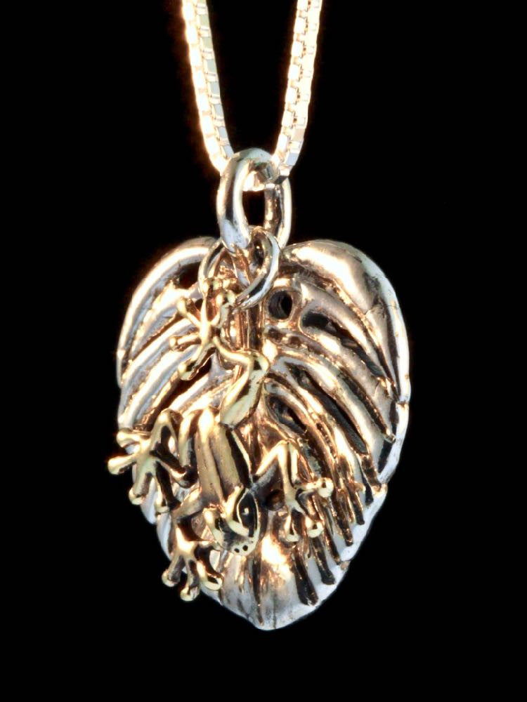Silver Monstera Leaf with 14K gold Jungle Jewel Tree Frog