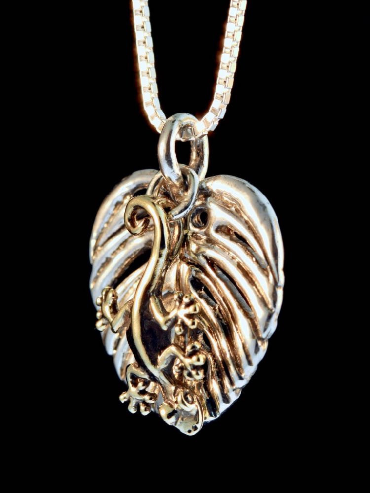 Silver Monstera Leaf with 14K gold Jungle Jewel Gecko