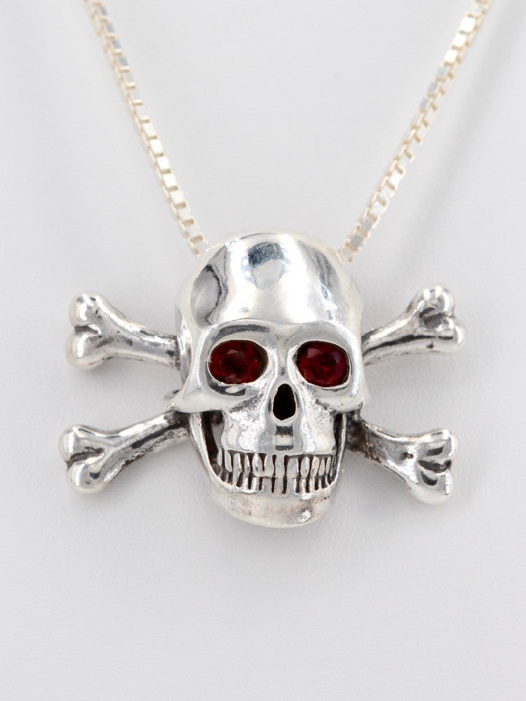 Large Skull and Crossbones Pendant Rhodolite Garnet Eyes in Silver
