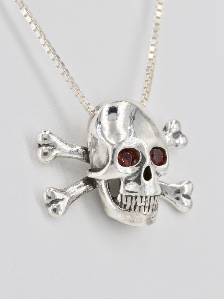 Large Skull and Crossbones Pendant Rhodolite Garnet Eyes in Silver
