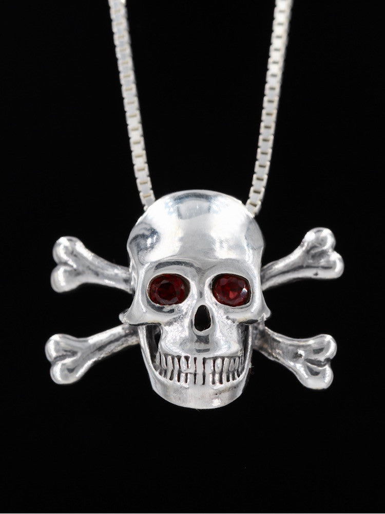 Large Skull and Crossbones Pendant Rhodolite Garnet Eyes in Silver