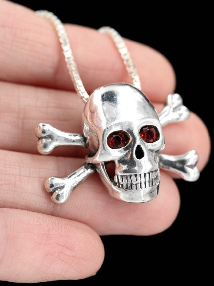 Large Skull and Crossbones Pendant Rhodolite Garnet Eyes in Silver