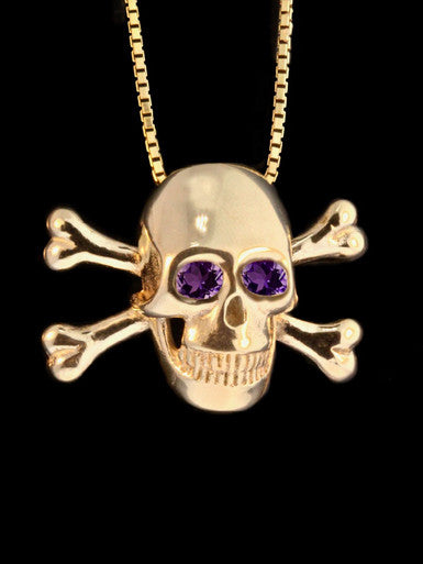Large Skull and Crossbones Pendant w/ Gemstone Eyes - 14k Gold