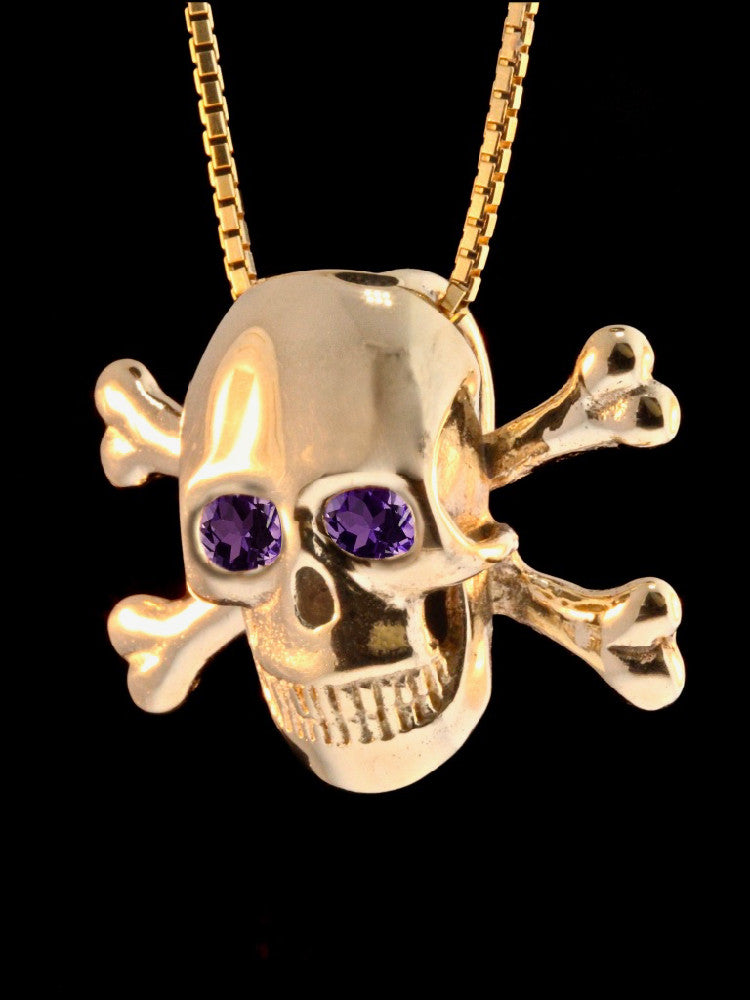 Large Skull and Crossbones Pendant w/ Gemstone Eyes in 14k Gold