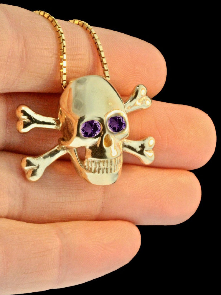 Large Skull and Crossbones Pendant w/ Gemstone Eyes in 14k Gold