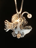 Large Angler Fish Pendant with White Pearl Lure - Sterling Silver