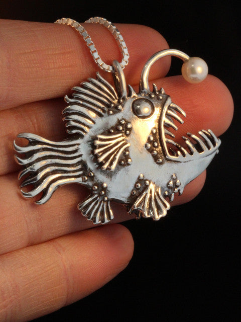 Large Angler Fish Pendant with White Pearl Lure