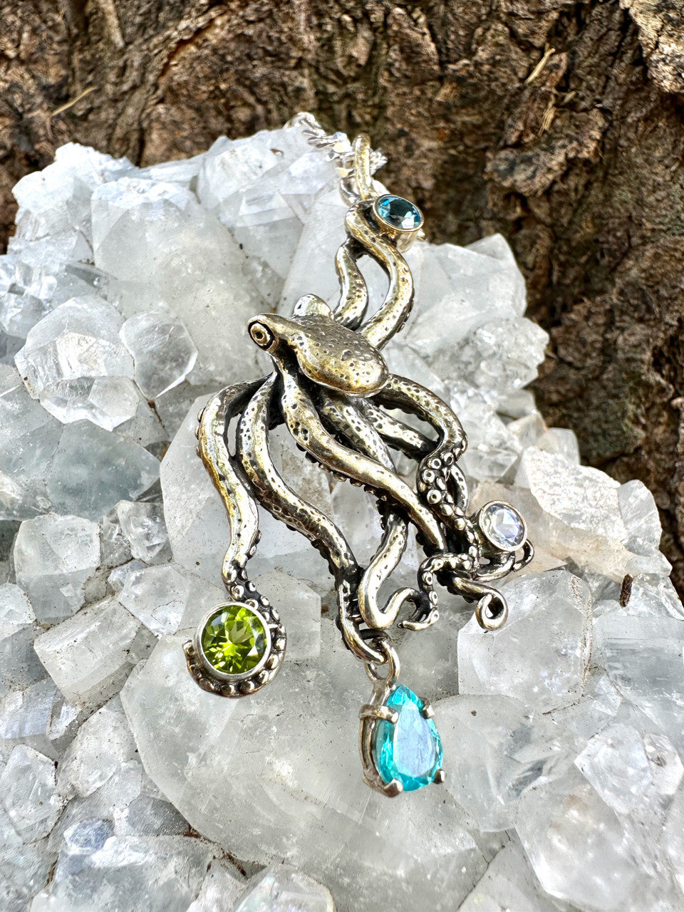 Large Octopus Pendant with Gemstones - Appetite - Blue Topaz - Peridot - Rainbow Moonstone - Silver