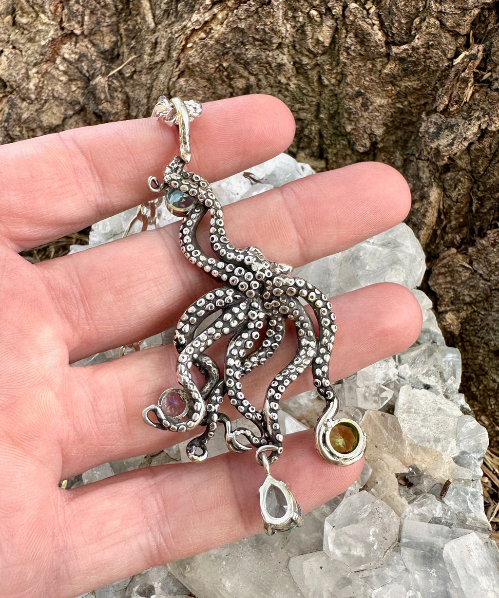 Large Octopus Pendant with Gemstones - Appetite - Blue Topaz - Peridot - Rainbow Moonstone - Silver