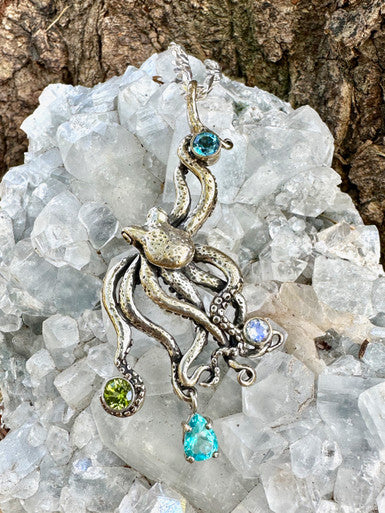 Large Octopus Pendant with Gemstones 3 - Sterling Silver