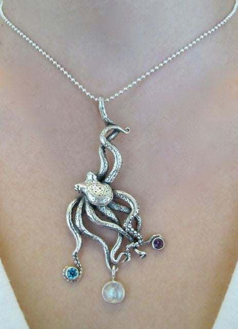 Large Octopus Pendant with Gemstones 1 - Sterling Silver