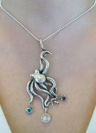 Large Octopus Pendant with Gemstones 1 - Sterling Silver