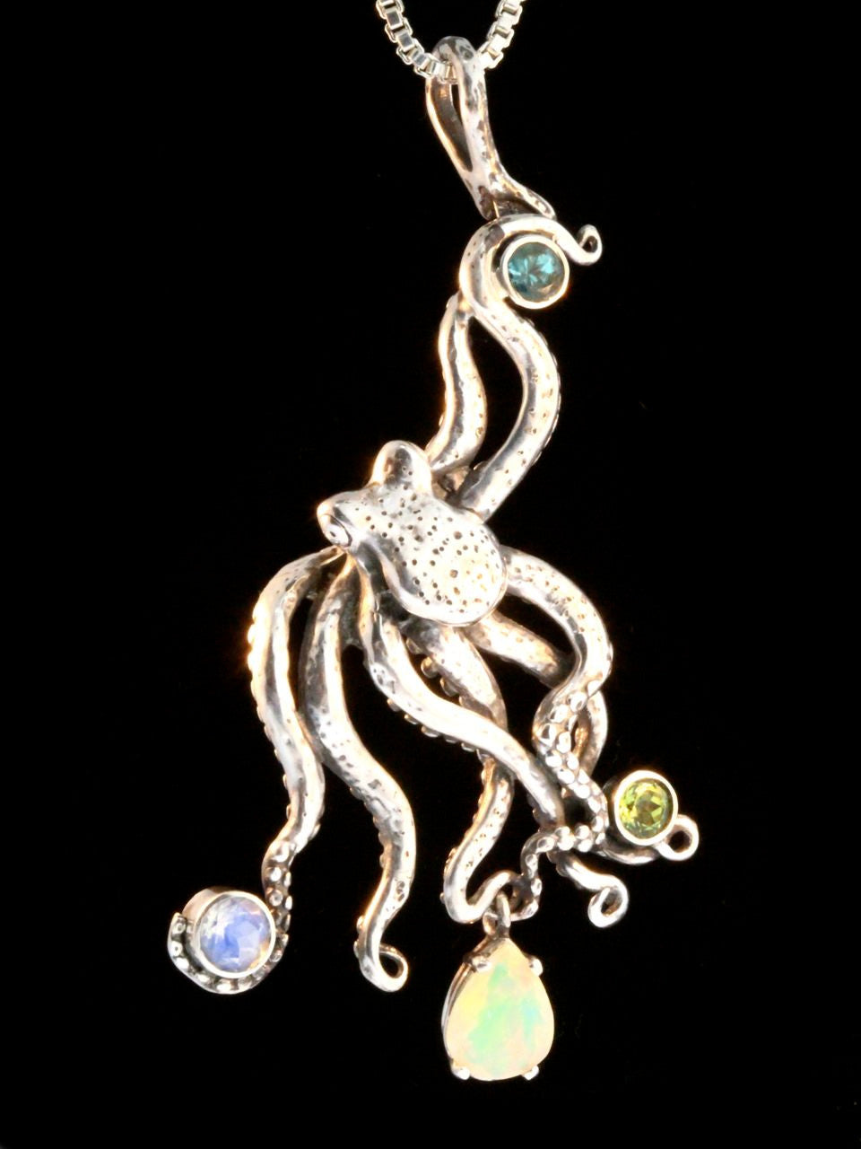 Large Octopus Pendant with Ethiopian Opal - Sterling Silver