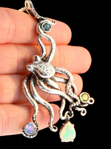 Large Octopus Pendant with Ethiopian Opal - Sterling Silver