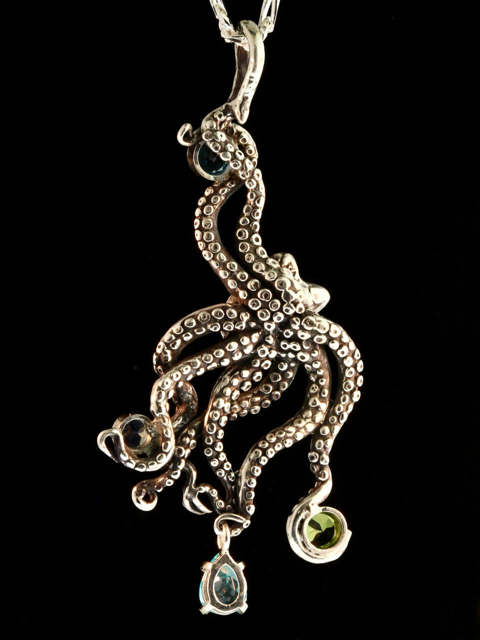 Large Octopus Pendant with Gemstones - Appetite - Blue Topaz - Peridot - Rainbow Moonstone - Silver