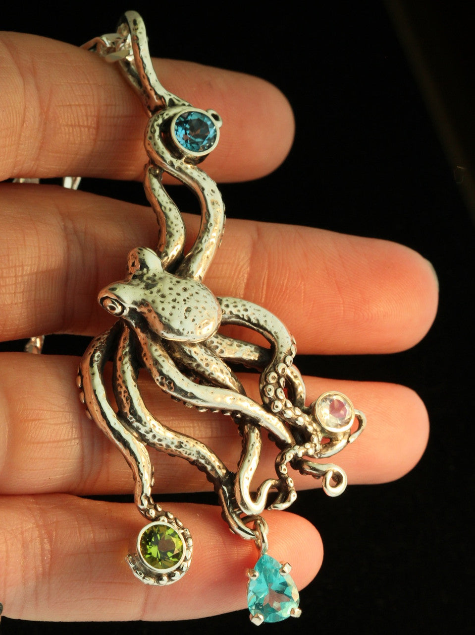Large Octopus Pendant with Gemstones - Appetite - Blue Topaz - Peridot - Rainbow Moonstone - Silver