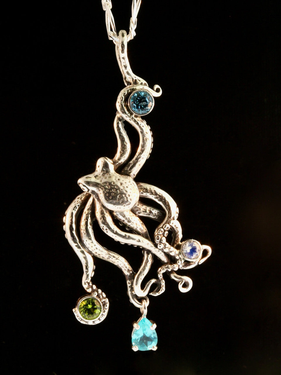 Large Octopus Pendant with Gemstones - Appetite - Blue Topaz - Peridot - Rainbow Moonstone - Silver