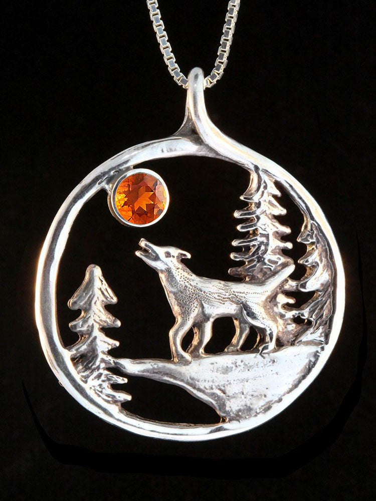Lunar Wolf Song Pendant with Mexican Fire Opal