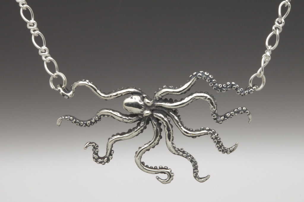 Swimming Octopus Neckpiece with Figure Eight Chain - Silver
