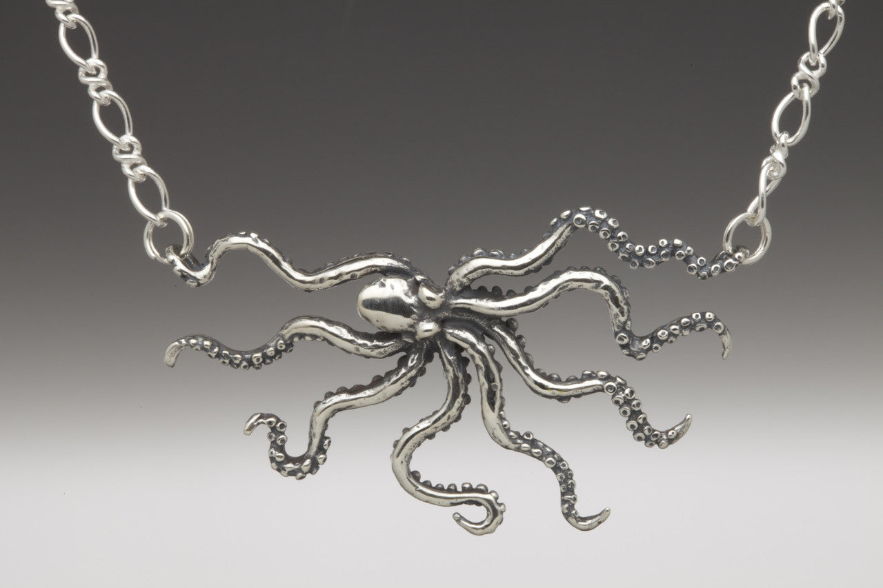 Swimming Octopus Neckpiece with Figure Eight Chain - Silver
