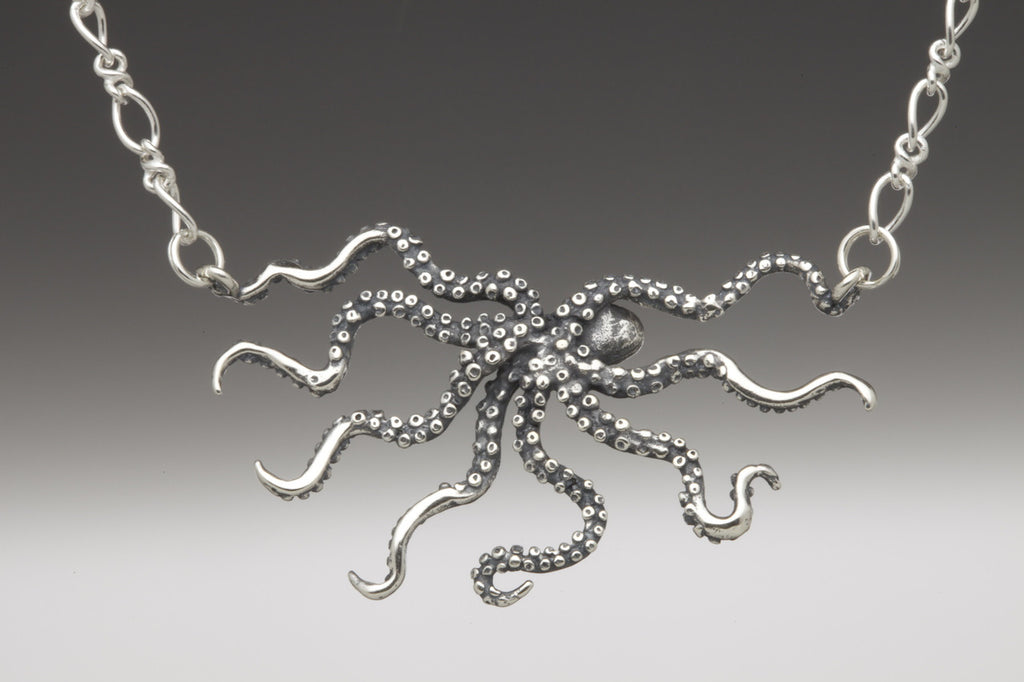Swimming Octopus Neckpiece with Figure Eight Chain - Silver