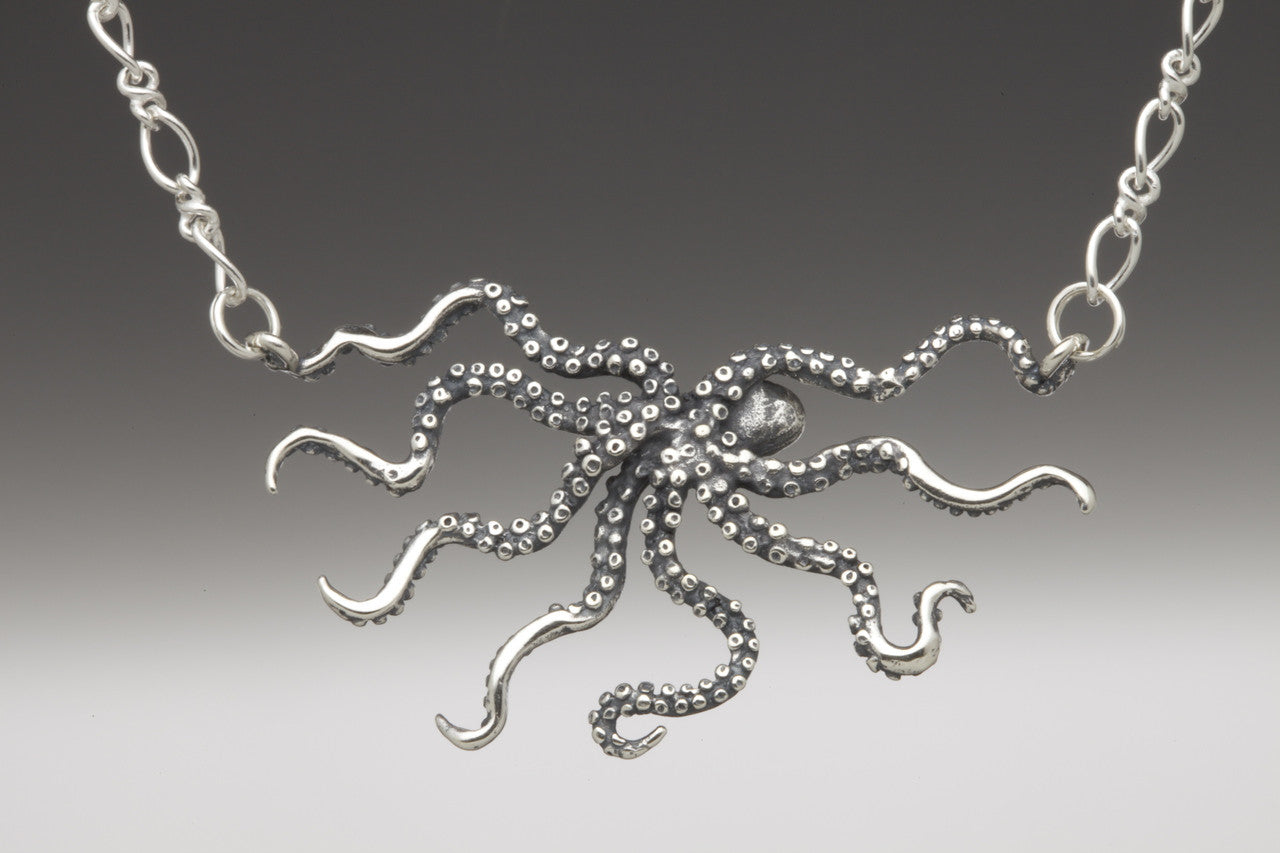 Swimming Octopus Neckpiece with Figure Eight Chain - Silver