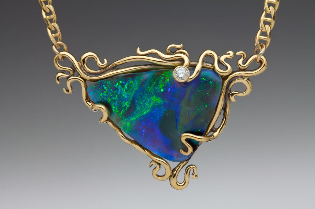 Ocean Reef - Australian Boulder Opal and diamond - 18K with 14K gold chain