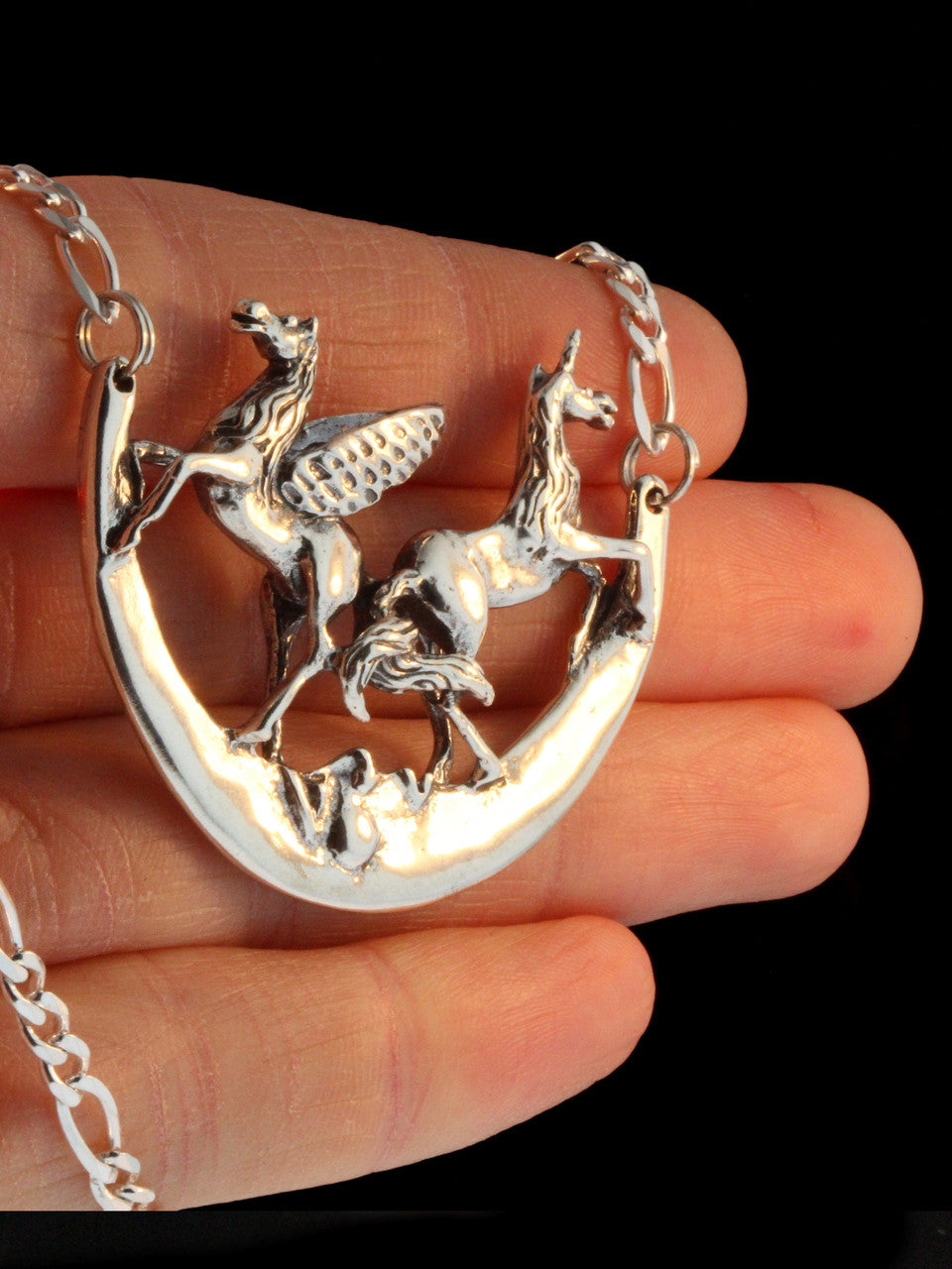 Pegasus Unicorn and Moon Pendant - Silver