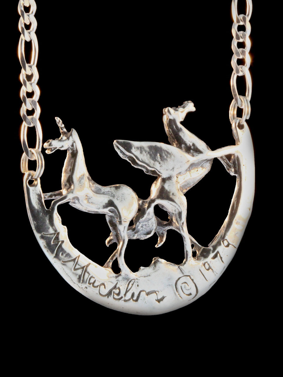 Pegasus Unicorn and Moon Pendant - Sterling Silver