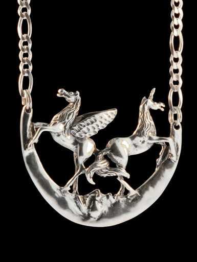 Pegasus Unicorn and Moon Pendant - Silver