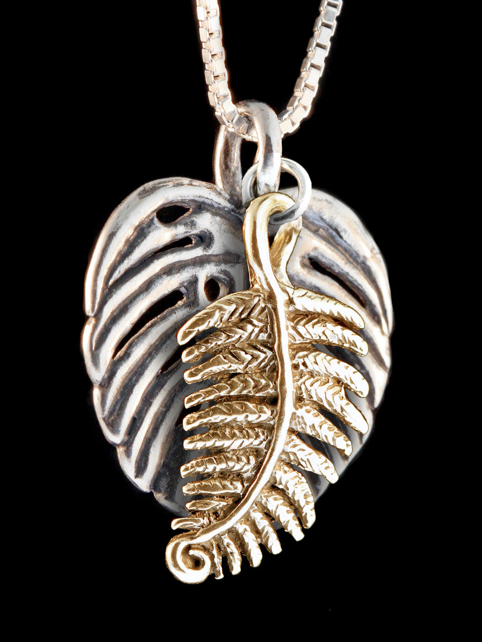Silver Monstera Leaf with 14K gold Jungle Jewel Fern