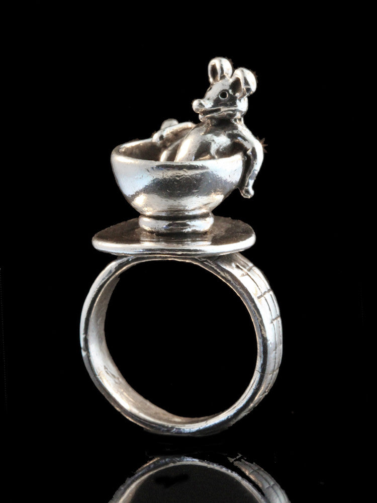 Dormouse and Teacup Ring in Silver