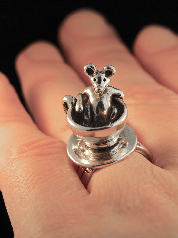 Dormouse and Teacup Ring in Silver