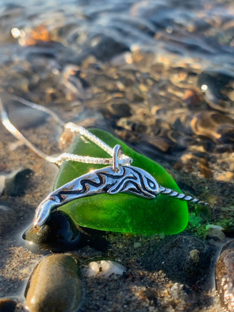 Sterling Silver Tribal Narwhale Charm and Sea Glass
