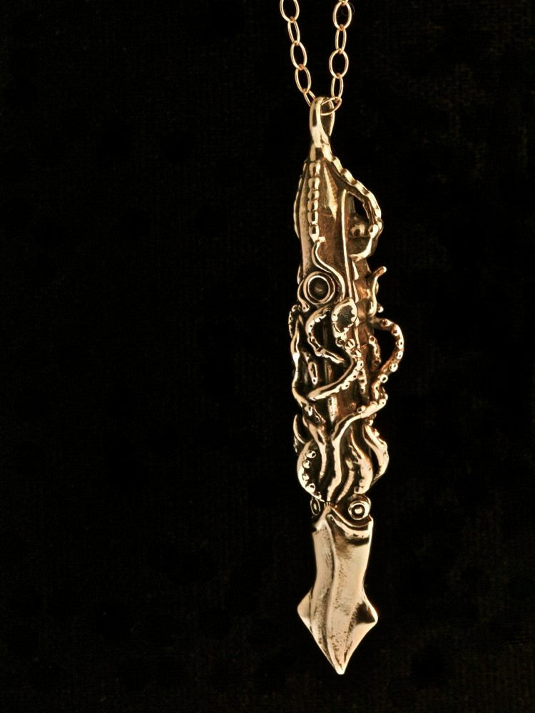 Squid Attacks Nautilus Submarine Pendant - Bronze