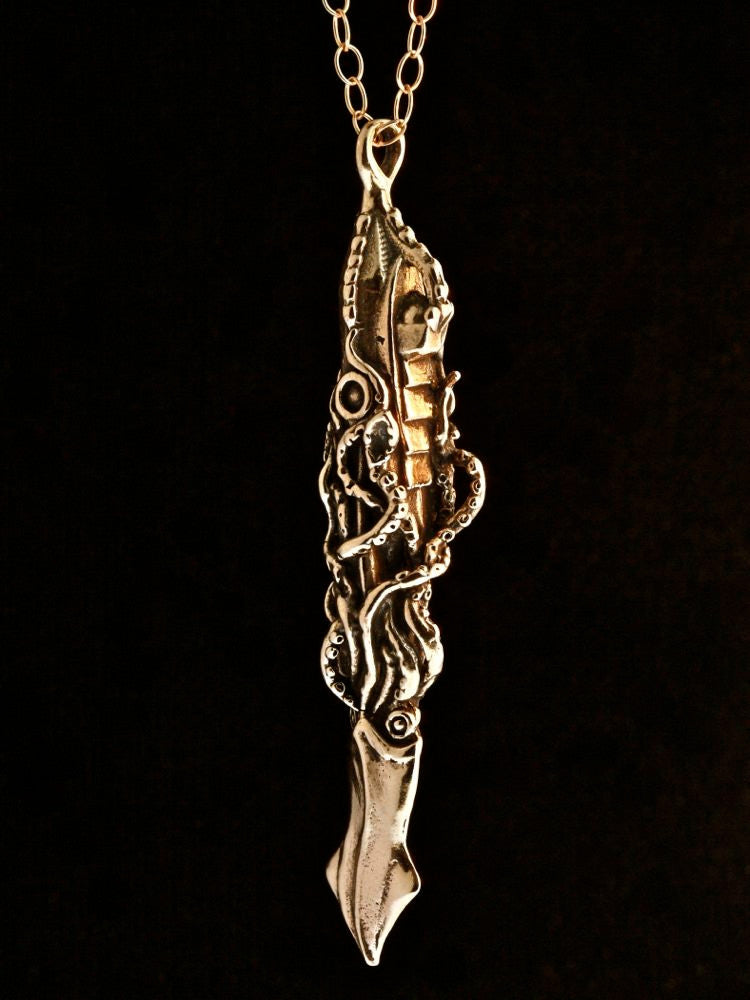 Squid Attacks Nautilus Submarine Pendant - Bronze