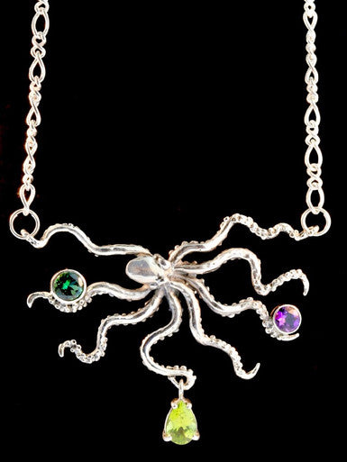 Octopus Neckpiece with Jeweled Treasures - Sterling Silver